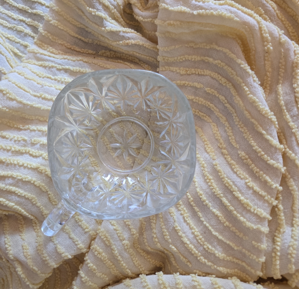 Clear Pressed Glass Teacup with Starburst Cut Pattern Brand Is Hazel-atlas